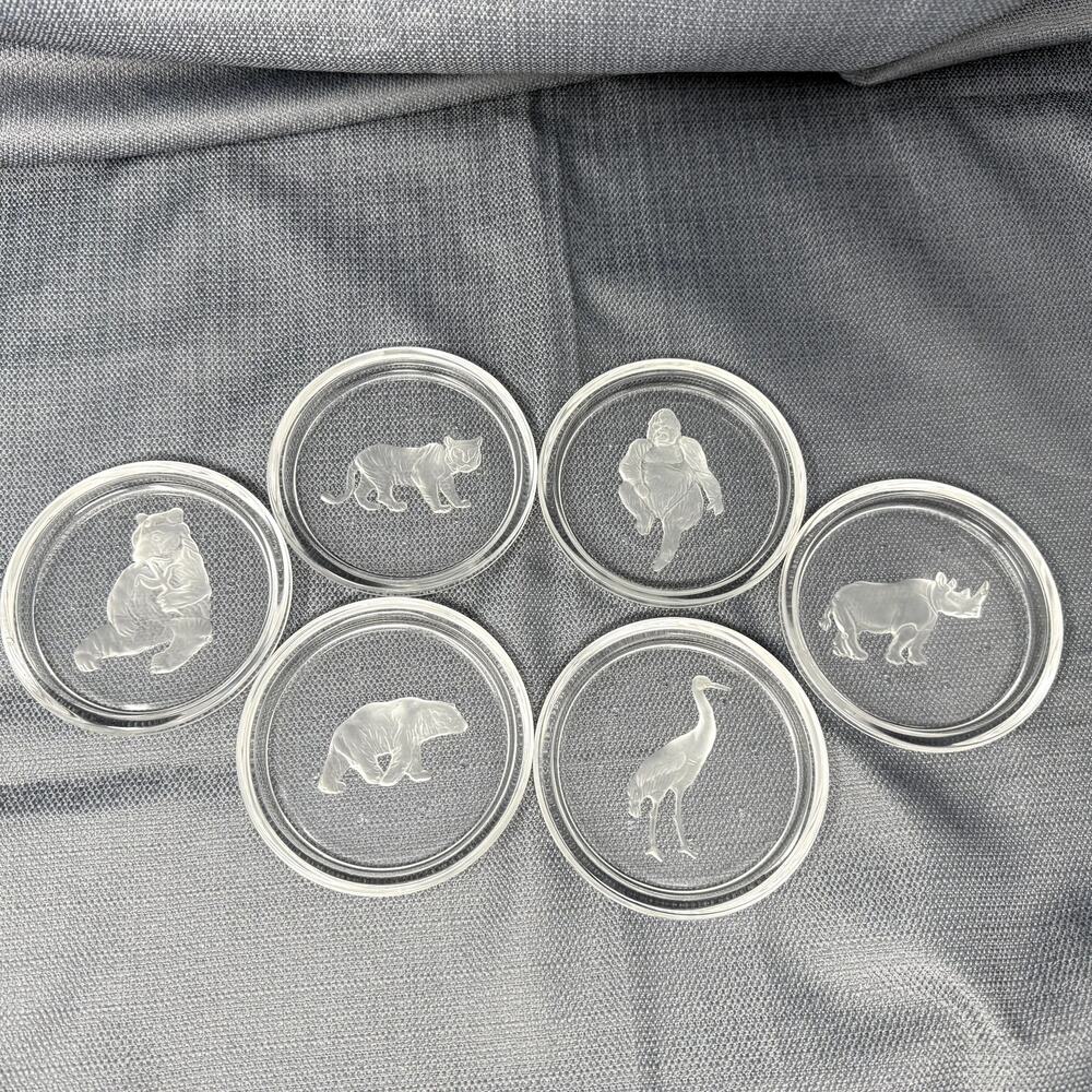 6 Val Saint Lambert Glass Coasters Animals Bear Tiger Panda RARE Ashtray Dishes